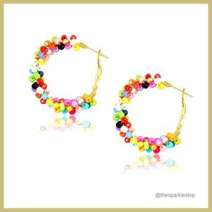 Handmade Copper Beaded Hoop Earrings, Boho Flower Statement Earrings